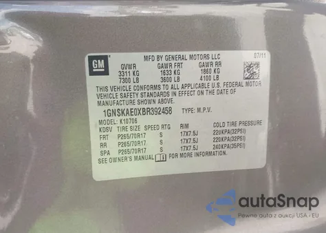 2011 Chevrolet Tahoe Ls z USA, uszkodzony, nr VIN 1GNSKAE0XBR392458